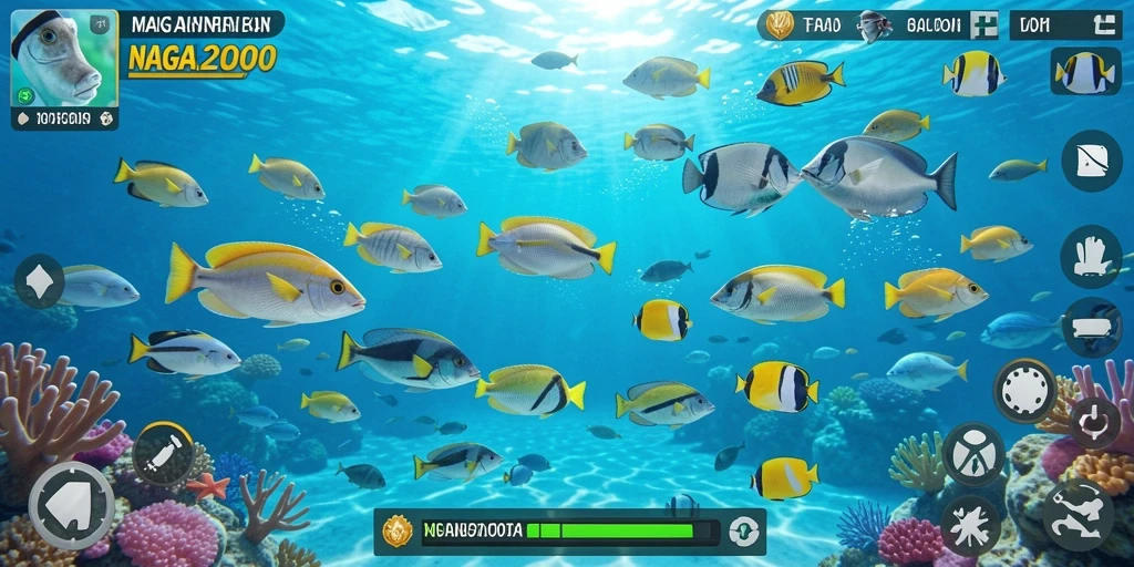 Tampilan gameplay NAGA2000 saat menembak ikan yang beragam.