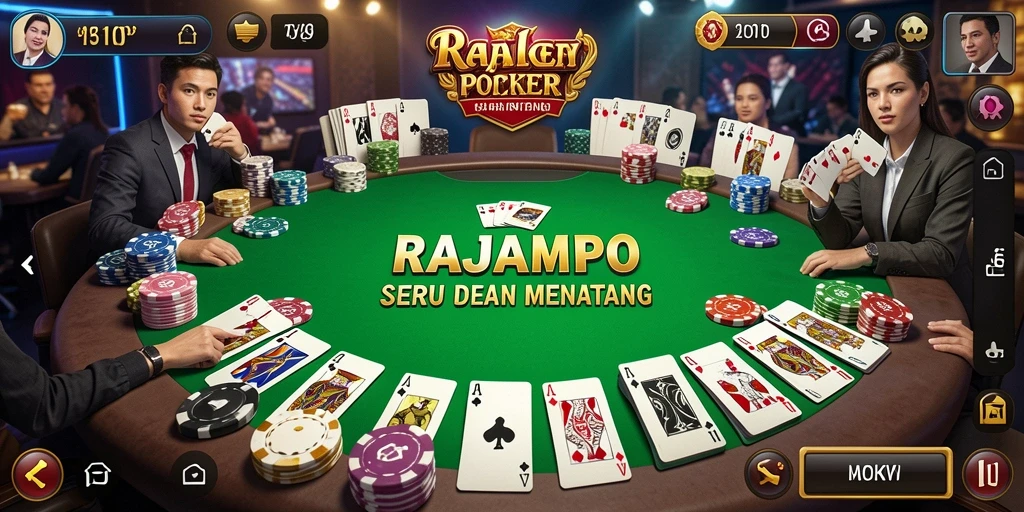 Screenshot gameplay RAJAMPO menampilkan aksi poker yang intens dan menarik.