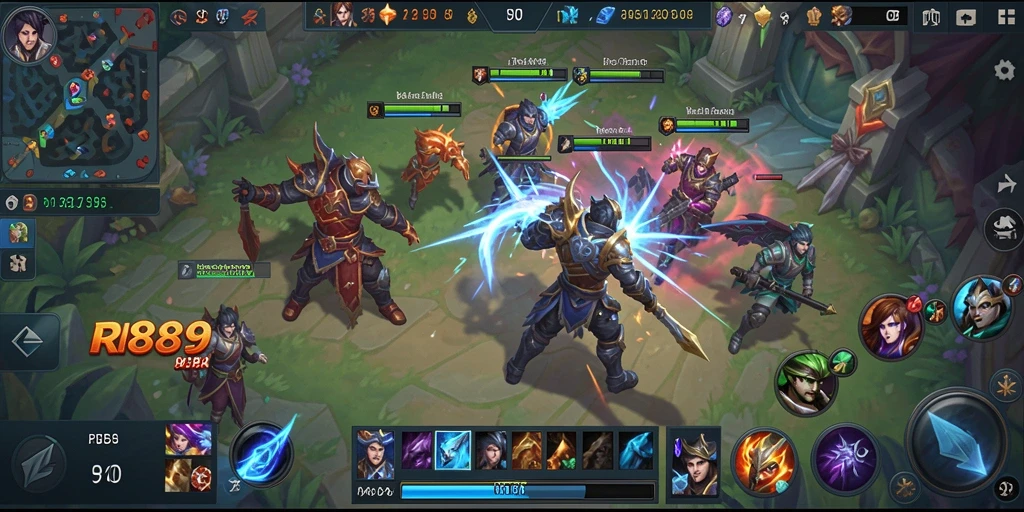 Tangkapan layar menampilkan pertempuran intens dalam game MOBA RI889.